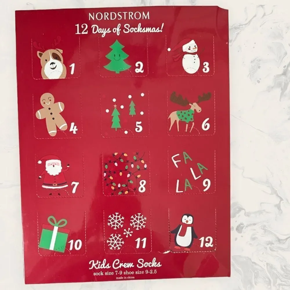 NWT Nordstrom Kids Crew Socks - 12 Days Of Socksmas 12-Pack Multi Size 7-9 ( sho